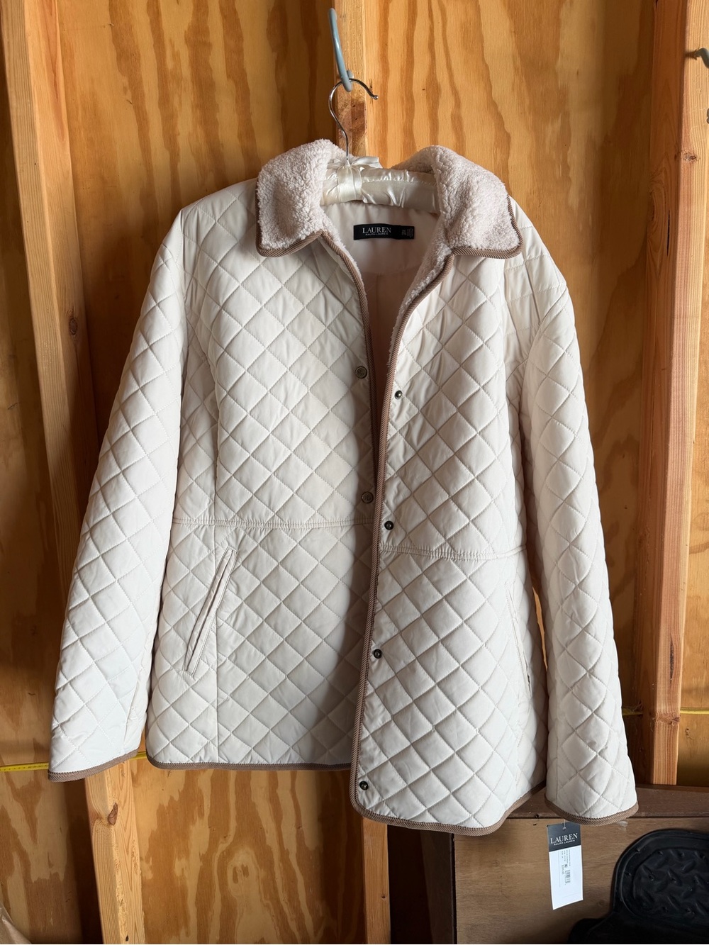 Ralph Lauren Quilted Cream Puffer Jacket with Faux Shearling Collar